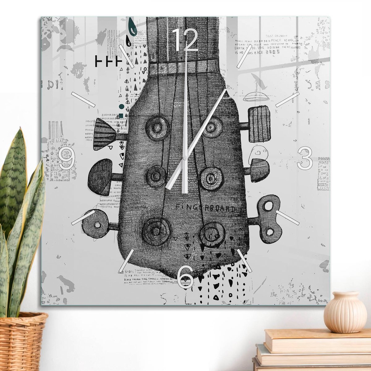 ArtPrintCave Zwart-wit Glazen Klok - 60x60 cm - Wandklok Vierkant - Muzikale Illustratie Stille Wandklok - Muziek Wandklok Keuken - Witte Klokwijzers