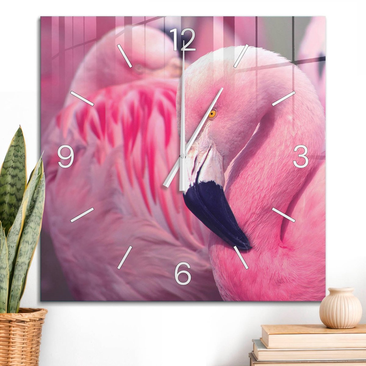ArtPrintCave Roze Glazen Klok - 60x60 cm - Wandklok Vierkant - Roze Flamingo'S Unieke Klok - Natuur Stille Wandklok - Witte Klokwijzers