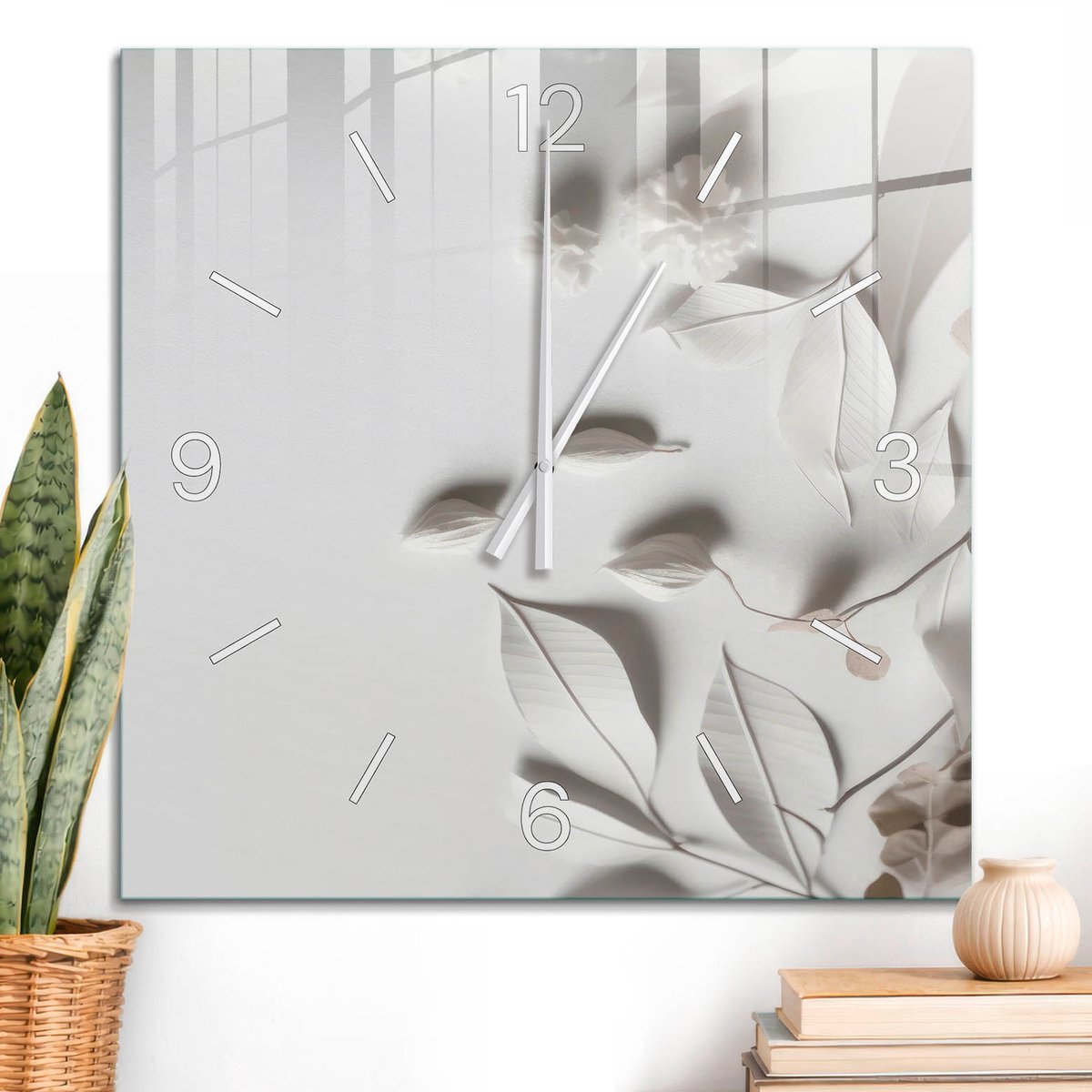 ArtPrintCave Wit Glazen Klok - 60x60 cm - Wandklok Vierkant - Tere Bladeren Wandklok Keuken - Achtergronden En Patronen Unieke Klok - Witte Klokwijzers