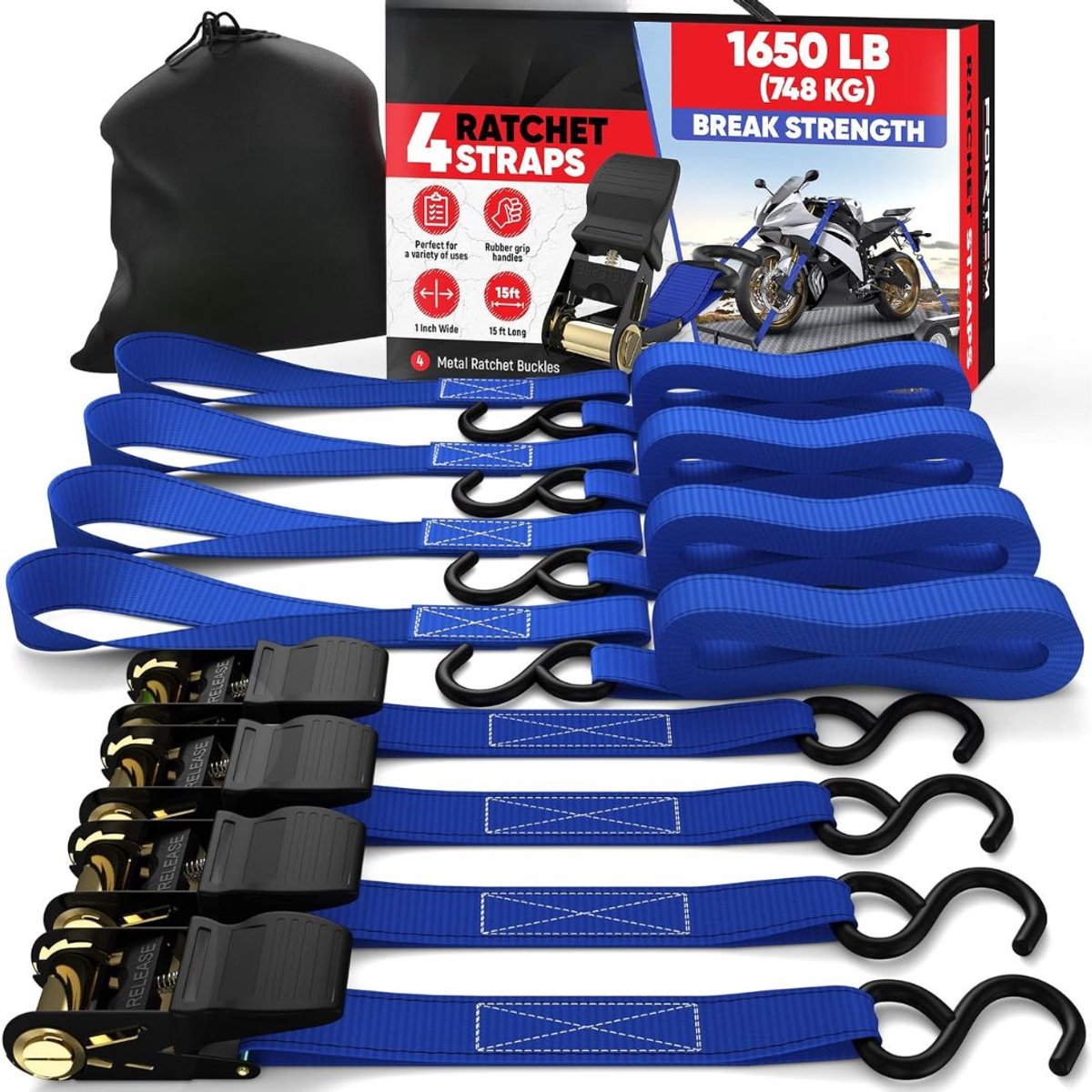 JCP® Spanbanden met Ratel - Spanbanden met Ratel Zelfoprollend - Spanbanden - Blauw - 460cm x 400cm x 1cm