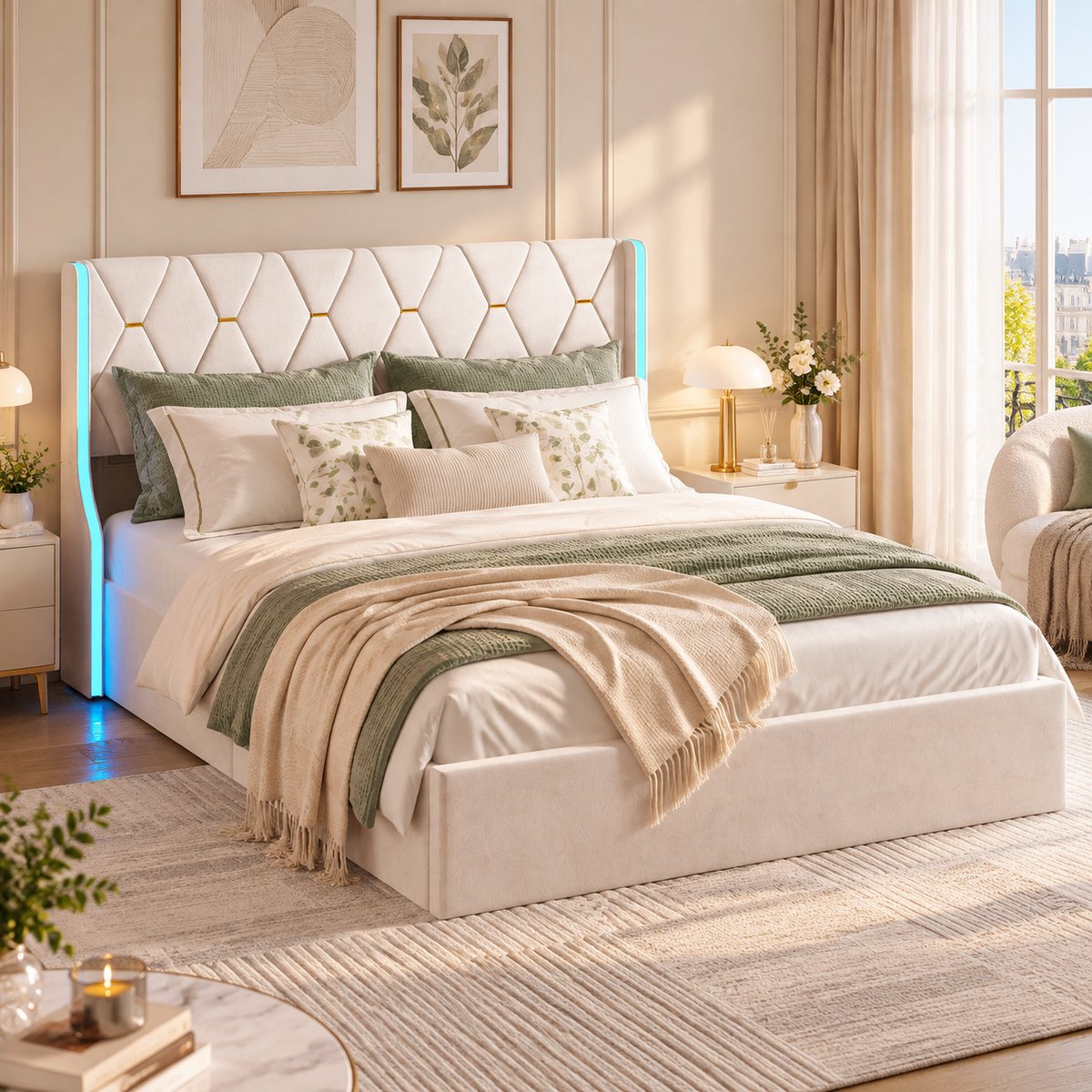MEXUS Gestoffeerd Tweepersoonsbed 160x200 cm, Fluweel Beige met LED-Verlichting, Opbergruimte & Lattenbodem, Stabiele Constructie, Geen Aparte Bedbodem Nodig