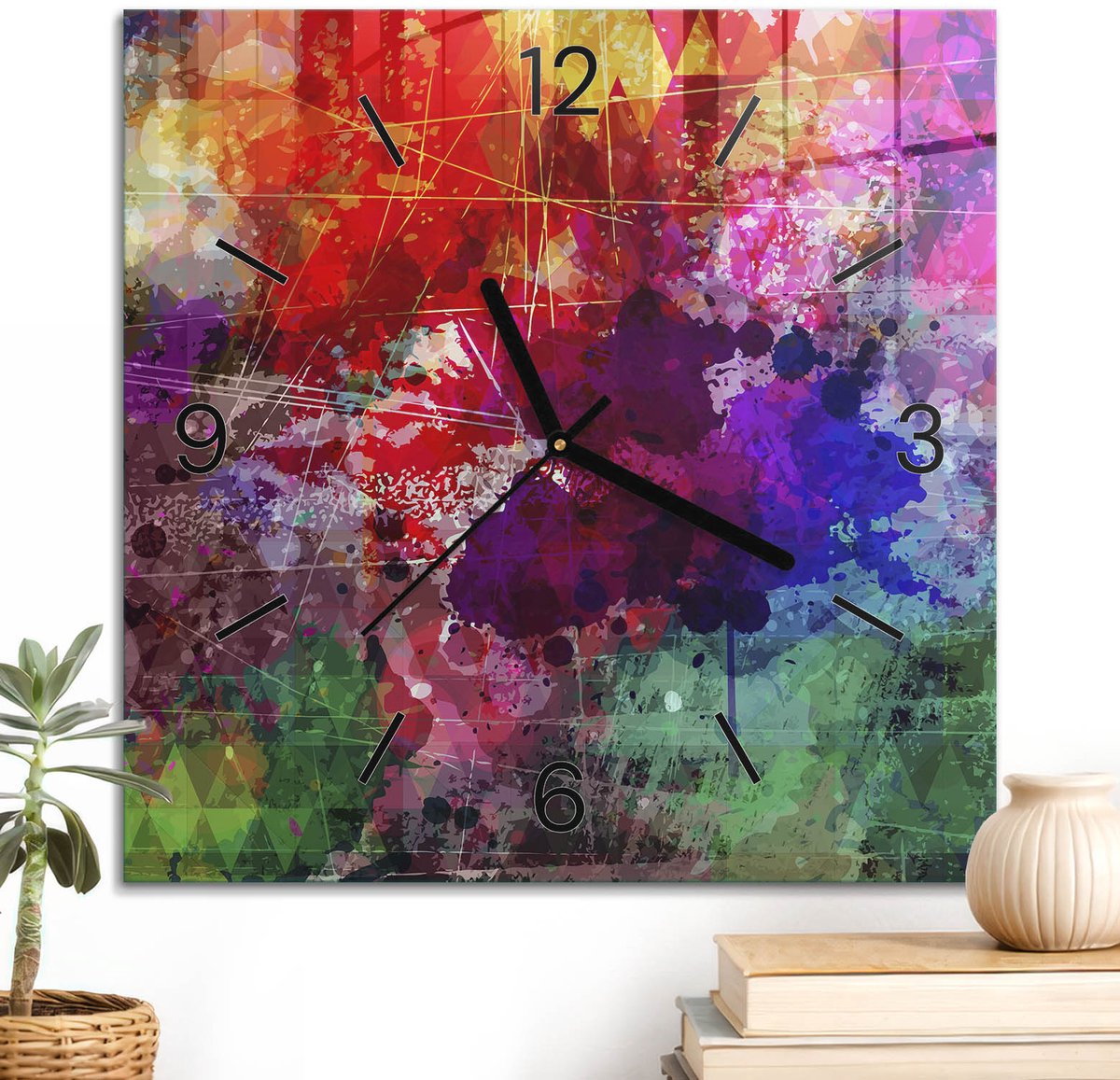 ArtPrintCave Rood Glazen Klok - 30x30 cm - Wandklok Vierkant - Kleurrijke Chaos Stille Wandklok - Kunst Wandklok Keuken - Zwarte Klokwijzers