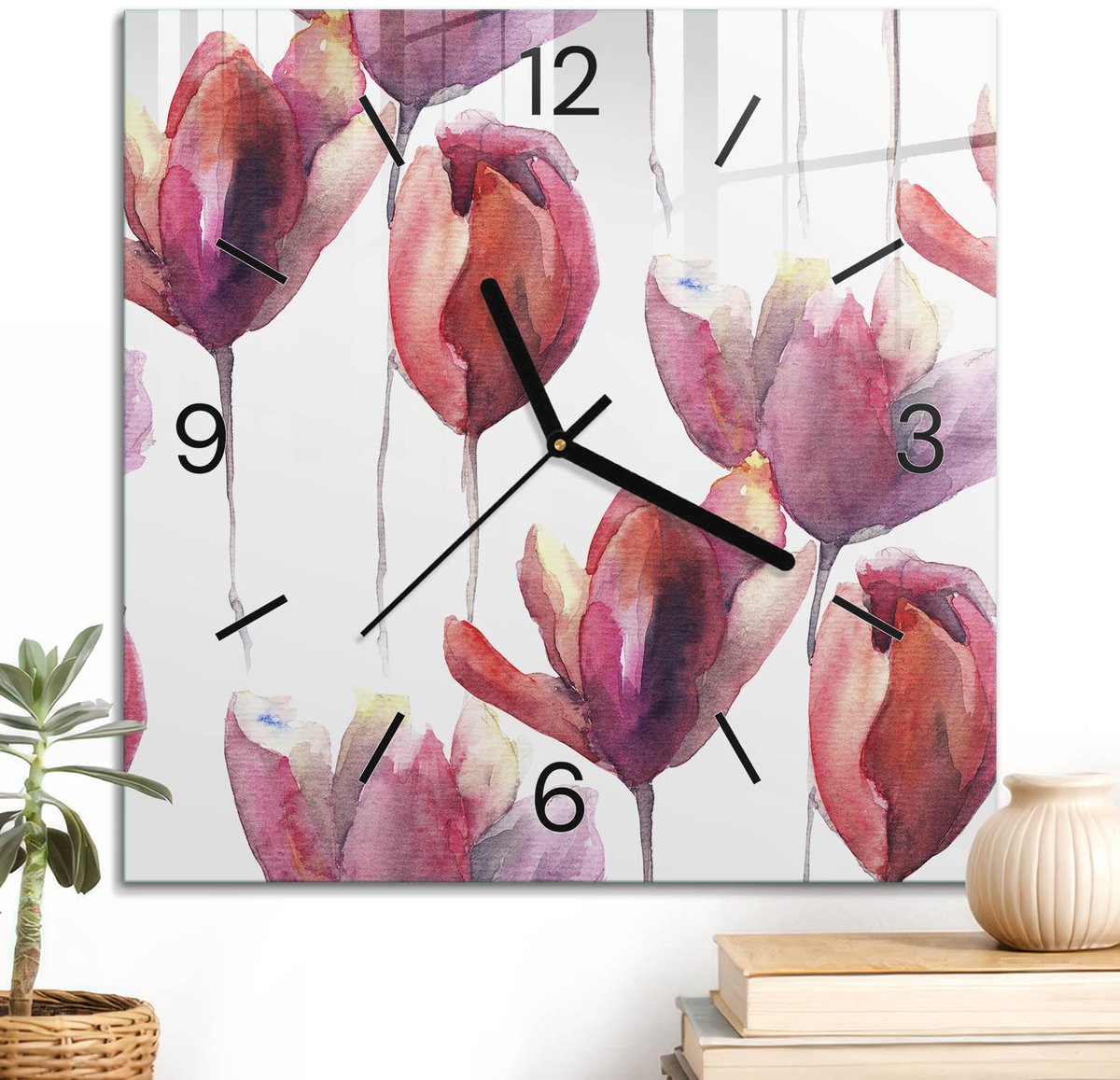 ArtPrintCave Rood Glazen Klok - 30x30 cm - Wandklok Vierkant - Aquarel Bloemen Stille Wandklok - Kunst Wandklok Keuken - Zwarte Klokwijzers