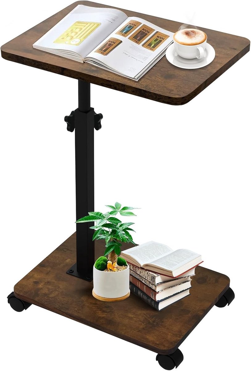 Vellaro Bijzettafel verstelbaar - Retrobruin - 40 x 30 cm - MDF en Staal - C-vormige Salontafel met Wielen voor Woonkamer en Slaapkamer