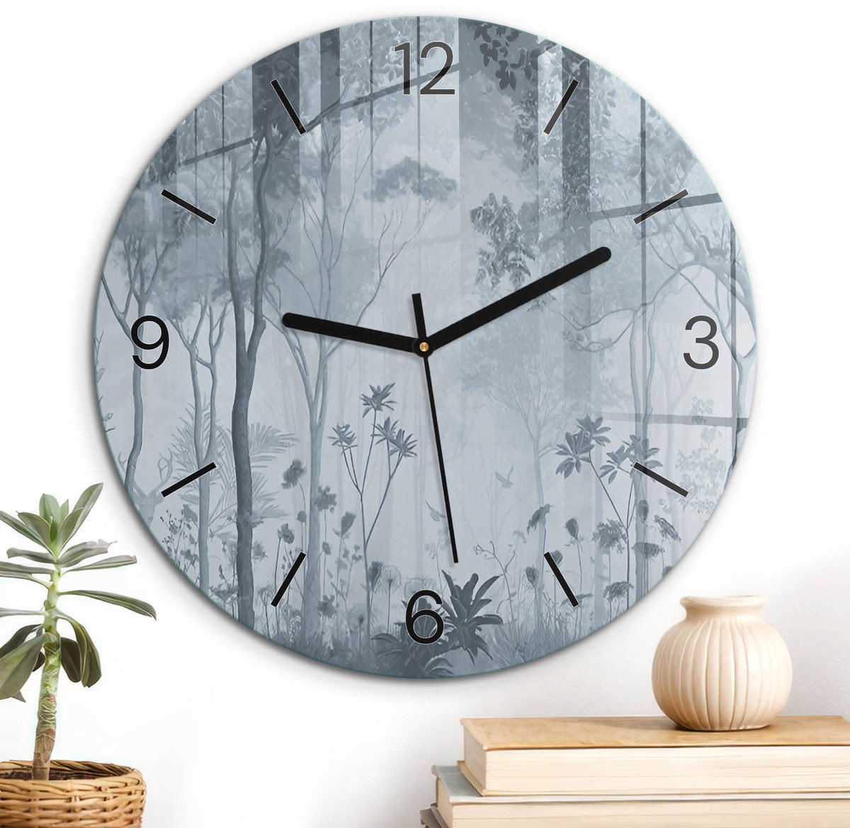 ArtPrintCave Grijs Glazen Klok - Wandklok 30 cm - Muurklok Rond - Grijs Bos Wandklok Keuken - Landschappen Unieke Klok - Zwarte Klokwijzers
