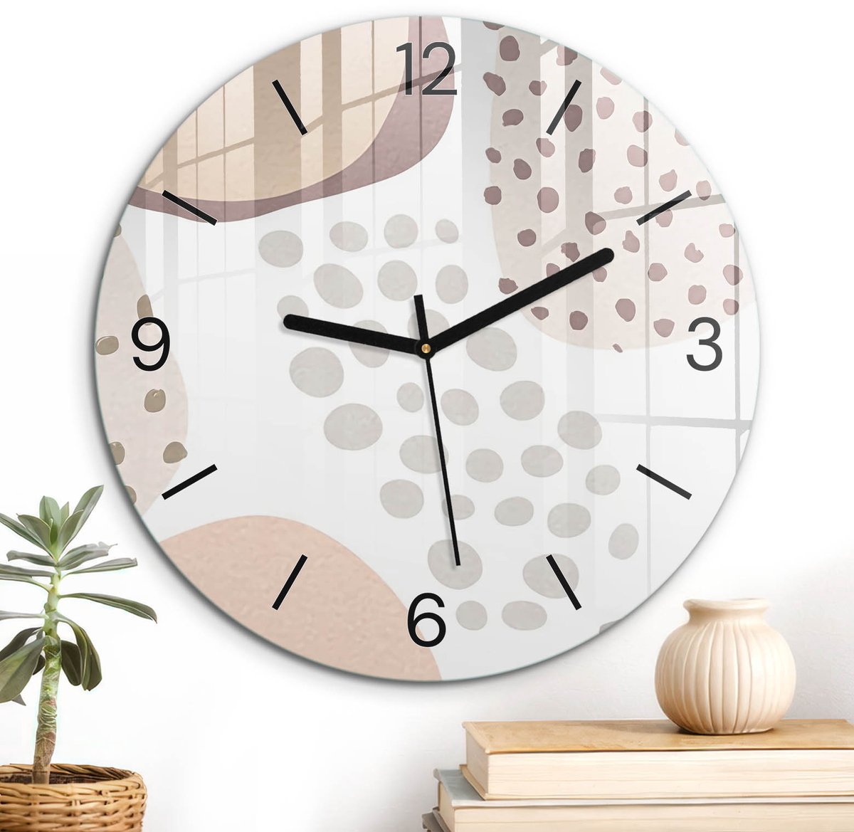 ArtPrintCave Beige Glazen Klok - Wandklok 30 cm - Muurklok Rond - Organische Samenstelling Unieke Klok - Abstractie Stille Wandklok - Zwarte Klokwijzers