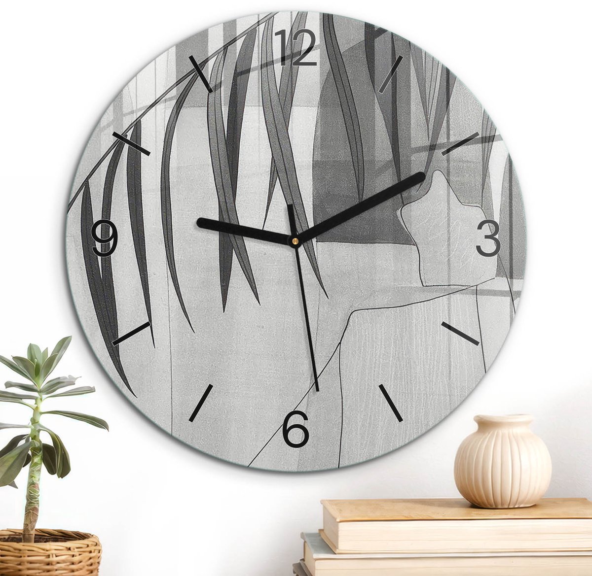 ArtPrintCave Zwart-wit Glazen Klok - Wandklok 30 cm - Muurklok Rond - Geometrische Harmonie Stille Wandklok - Natuur Wandklok Keuken - Zwarte Klokwijzers
