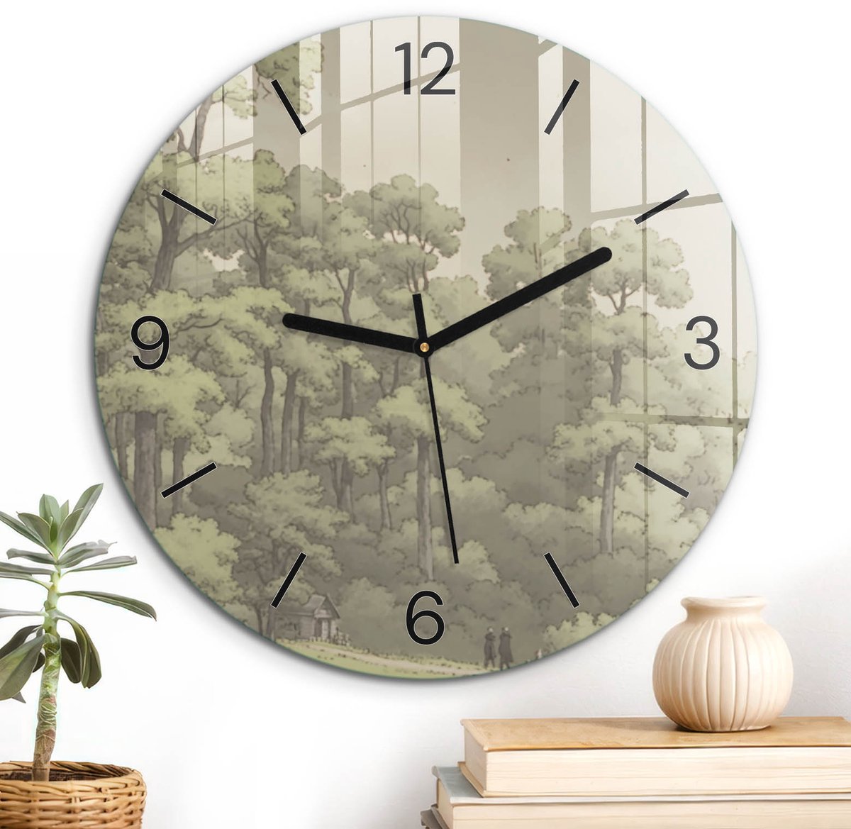 ArtPrintCave Groene Glazen Klok - Wandklok 30 cm - Muurklok Rond - Boslandschap Wandklok Keuken - Landschappen Unieke Klok - Zwarte Klokwijzers
