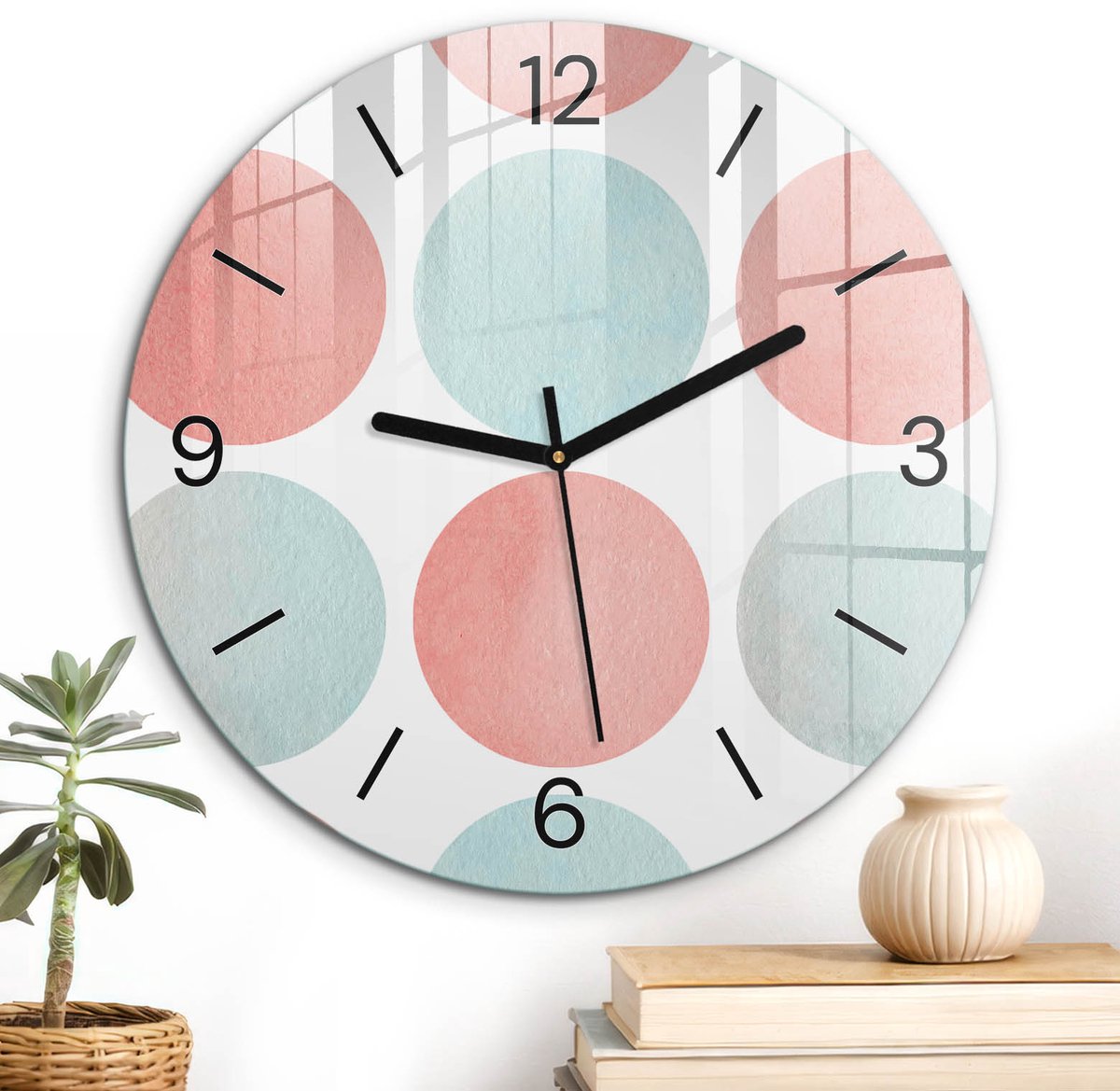 ArtPrintCave Roze Glazen Klok - Wandklok 30 cm - Muurklok Rond - Pastelkleurige Cirkels Stille Wandklok - Abstractie Wandklok Keuken - Zwarte Klokwijzers