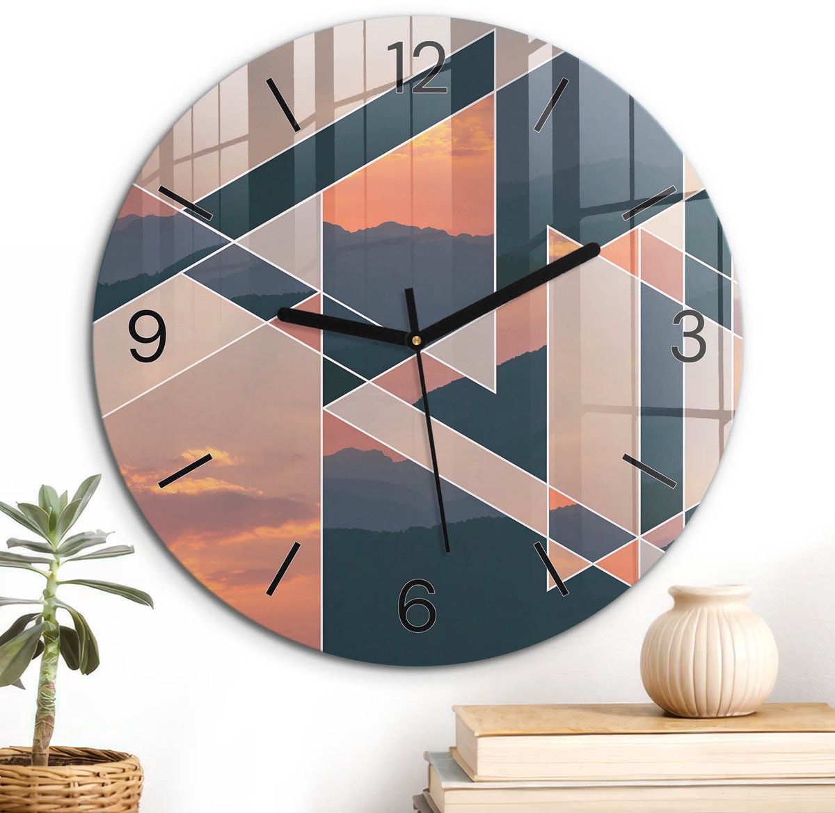 ArtPrintCave Oranje Glazen Klok - Wandklok 30 cm - Muurklok Rond - Geometrisch Landschap Stille Wandklok - Abstractie Wandklok Keuken - Zwarte Klokwijzers