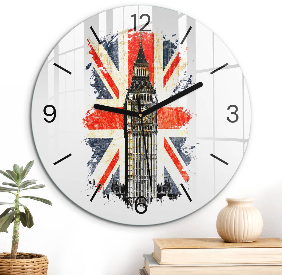 ArtPrintCave Rood Glazen Klok - Wandklok 30 cm - Muurklok Rond - Brits Icoon Wandklok Keuken - Abstractie Unieke Klok - Zwarte Klokwijzers