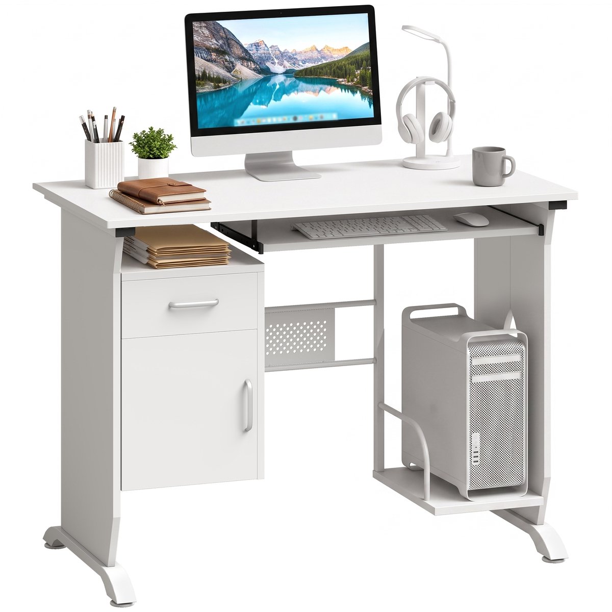 Wit computerbureau - Met toetsenbordlade en opbergruimte - Voor thuiswerken en studeren - 100x52x75 cm