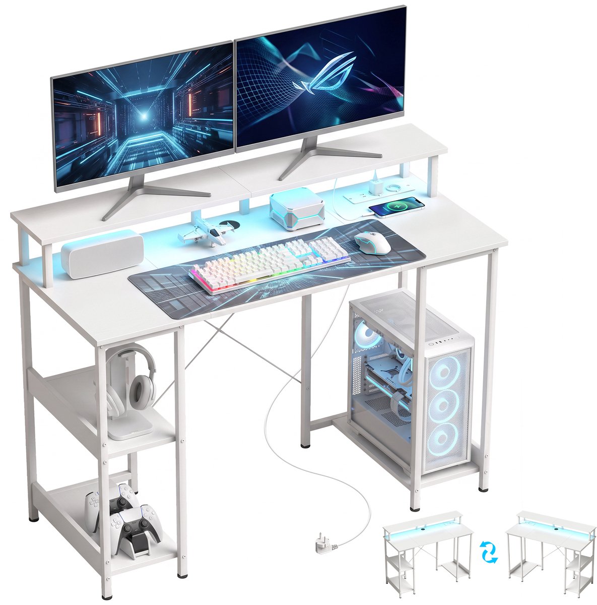 Computertafel met LED Verlichting - Omkeerbaar Bureau 120x50 cm - Wit Houteffect PC Bureau met Lades en Kabelbeheer