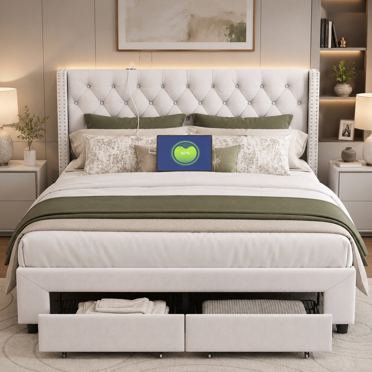MEXUS Opbergbed 160x200 cm, Gestoffeerd Tweepersoonsbed met Ledverlichting, Tweepersoonsbedframe met 2 Lades Opbergruimte, met Lattenbodem Geschikt voor 2 Personen, Beige Fluweel (160x200cm)