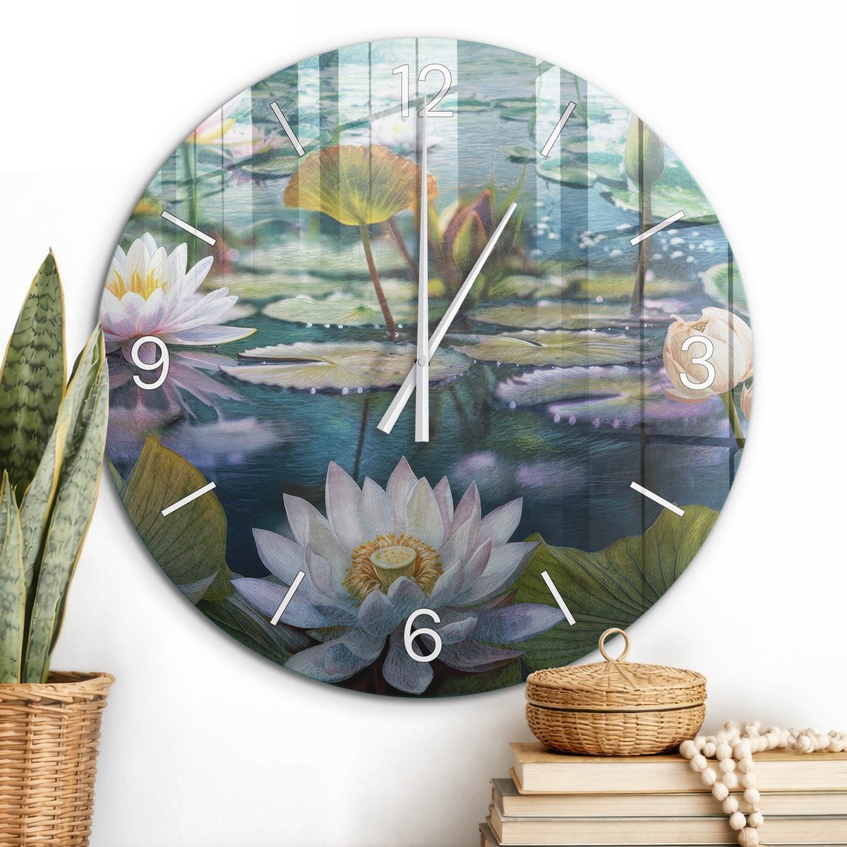 ArtPrintCave Groene Glazen Klok - Wandklok 60 cm - Muurklok Rond - Waterlelies Stille Wandklok - Bloemen En Planten Wandklok Keuken - Witte Klokwijzers