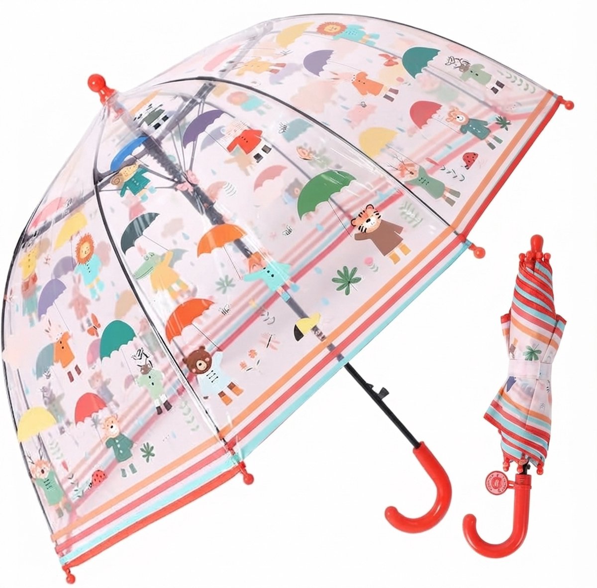 Livatto Kids Regen Paraplu Transparant met Dierenprint en Rood Handvat