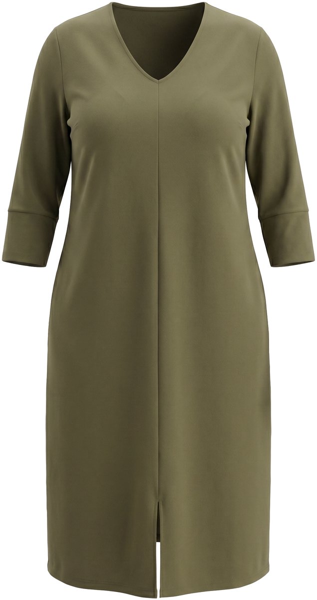 Ulla Popken - Dames - Midi-jurk siernaad V-hals 3/4-mouwen zakken - Donkerkaki - Maat 42+