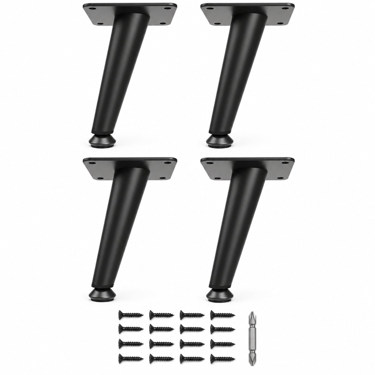 JustValue Meubelpoten 15,5 cm - Set van 4 - Schuin en Taps - Zwart Staal - Met Stelvoeten
