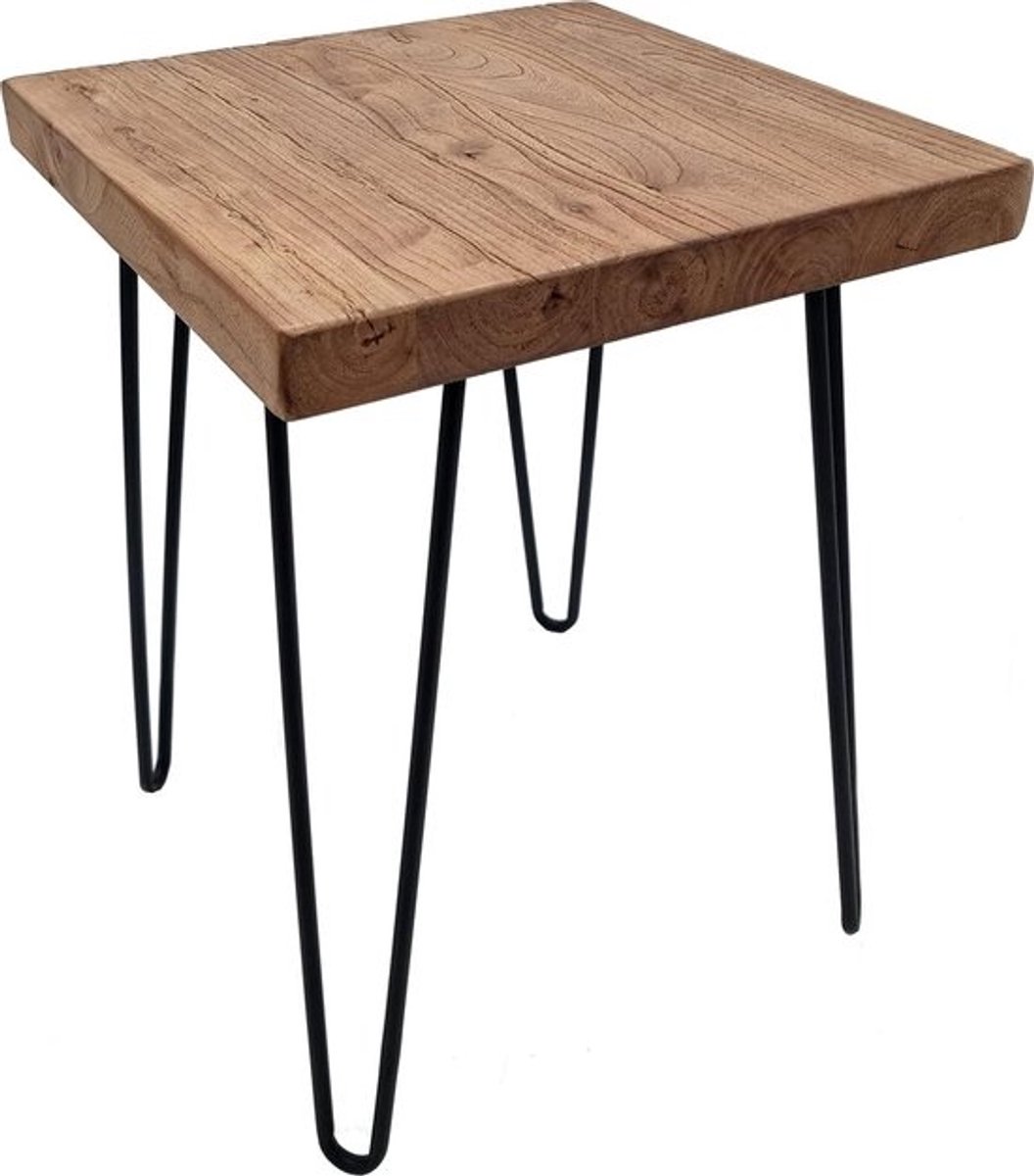 Massief Iepenhouten Bijzettafel - Vierkant 40 cm - Salontafel van Hout en Metaal - Decoratieve Houten Bloementafel