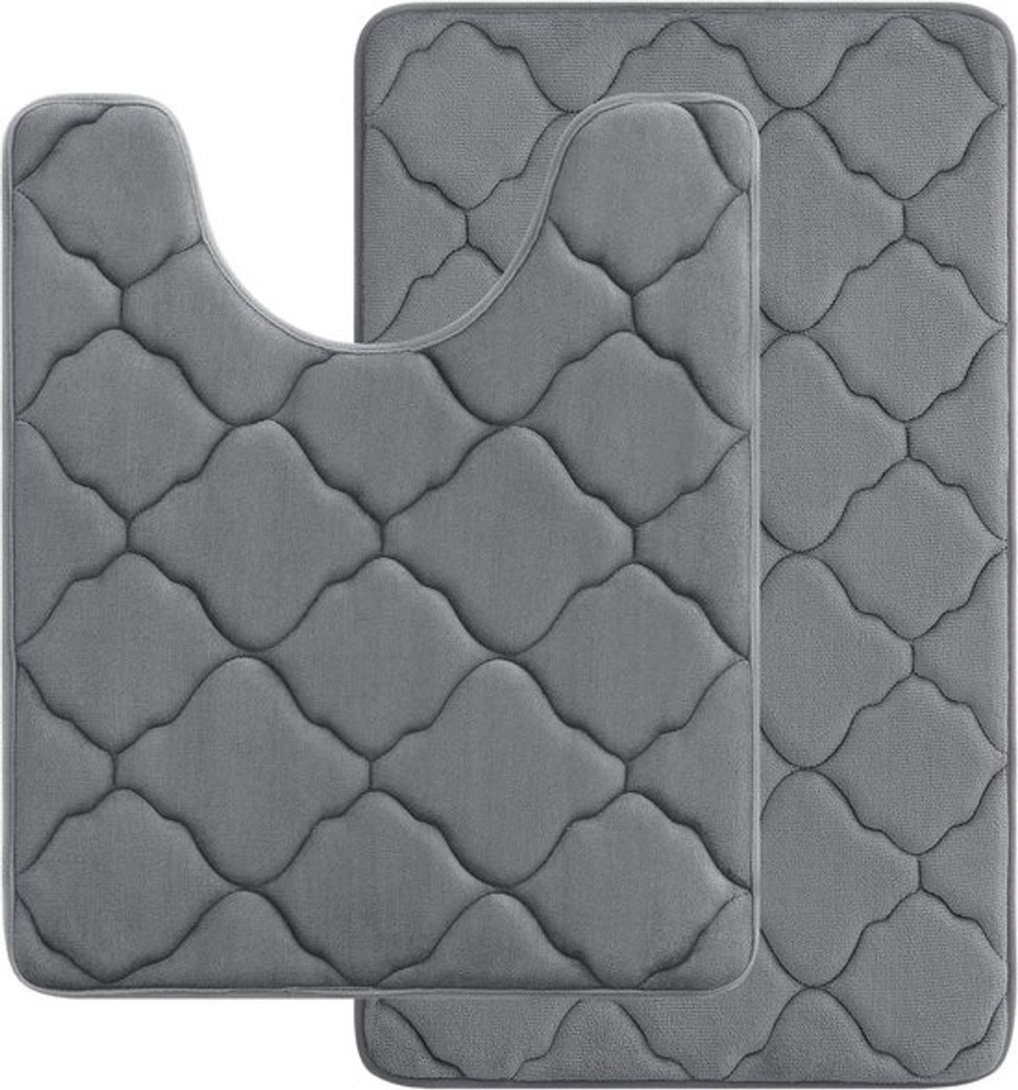 Badkamermatten van traagschuim 2-delig met uitsparing absorberend antislip wasbaar in donkergrijs.
