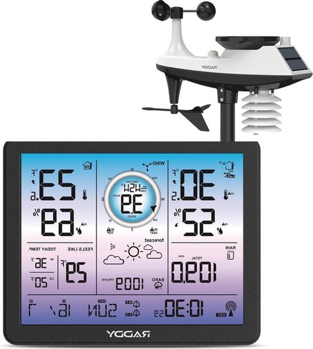 Regenmeter draadloos weerstation met 6-in-1 buitensensor - temperatuur vochtigheid barometrische druk windsnelheid -richting 74-inch display atomaire radioklok.