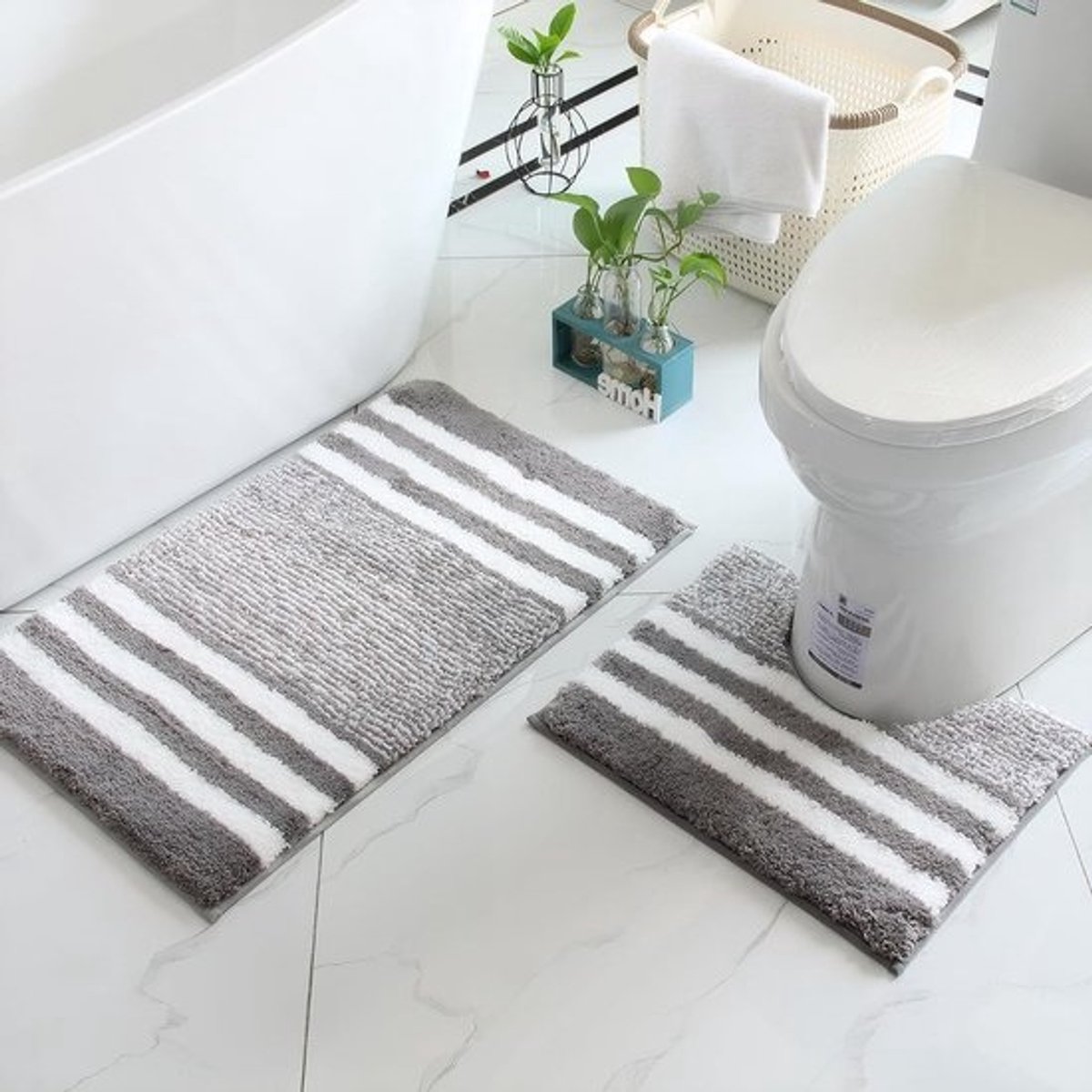 Badkamermat set van 2, extra dik en absorberend, antislip onderkant, donkergrijs