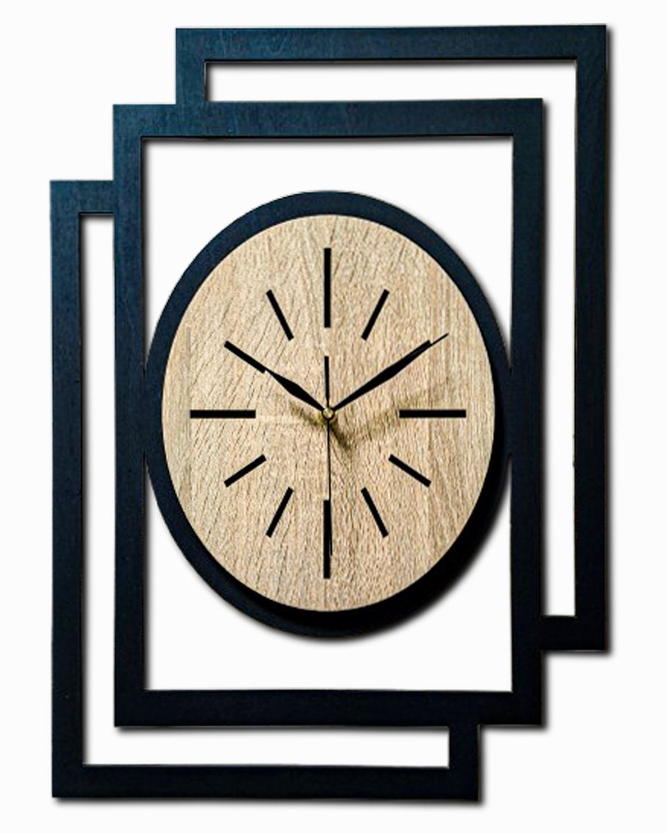 Handgemaakte Grote Houten Wandklok – Modern Minimalistisch Design, Rechthoekig Verticaal, Ovale Vorm, Geruisloos, Zonder Tikkend Geluid – Voor Woonkamer, Slaapkamer, Keuken – Unieke Wanddecoratie, Industrieel Design & Stil Uurwerk, zwart -sonoma eik