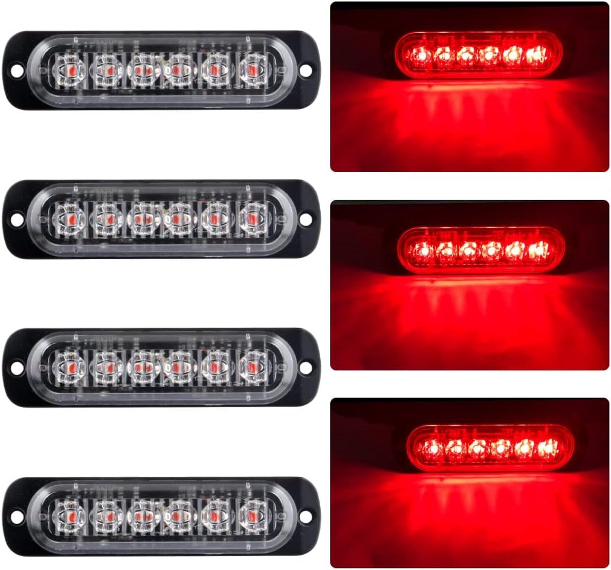 4x ultradunne 6 LED-noodwaarschuwingslichten, rood knipperend gevarenflitslichtbalk, zijkant-waarschuwingslamp, lichtbaken, universeel voor 12-24V, auto, voertuig, vrachtwagen, caravan, camper, motor