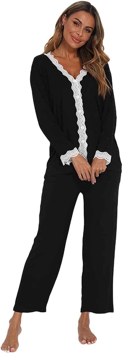 Damespyjama-set met lange mouwen, modale katoenen nachtkleding, tweedelige pyjama met kanten rand voor vrouwen en meisjes, zachte loungewear