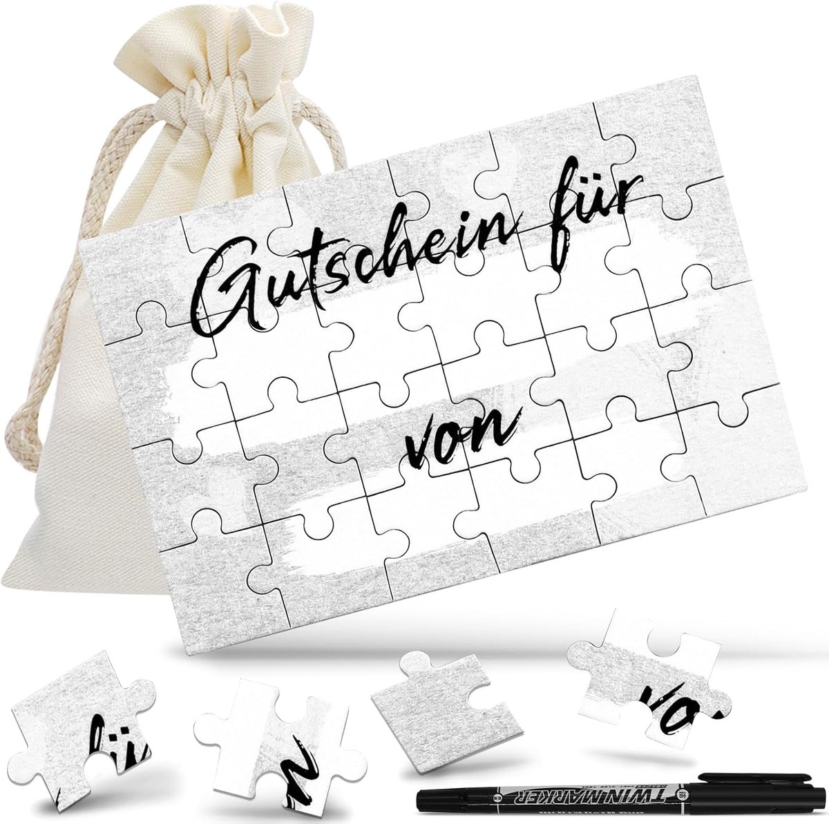 Puzzel verjaardagskaart, 24 stuks cadeaubon-puzzel, met marker en zakje, cadeaubonkaarten om zelf te vullen, houten cadeaukaart puzzel om zelf vorm te geven, gepersonaliseerd cadeau-idee