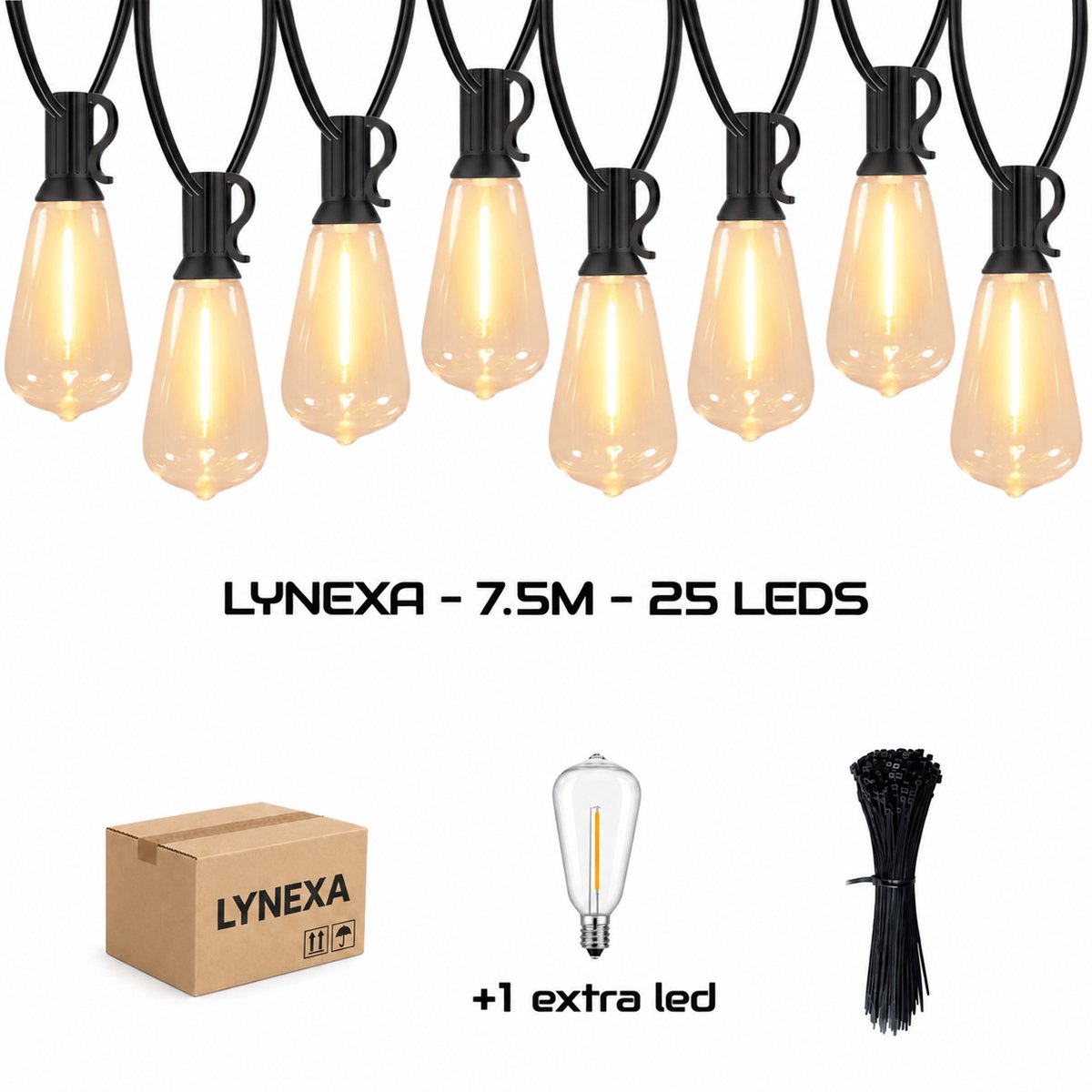 LYNEXA ST38 - Lichtsnoer Buiten - 7,5m - 25 LED Warm Wit 2700K - Met EU Stekker - Kerstverlichting voor Buiten - IP44 Waterdicht - Energiezuinig - Koppelbaar - Sfeervolle Winter Prikkabel - Tuinverlichting - 1 Extra Lampje - Inclusief Kabelbinders