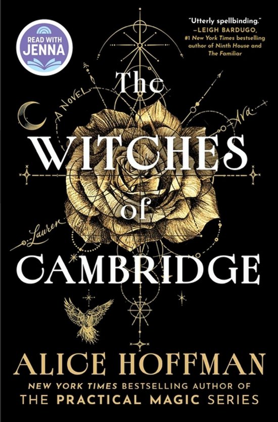 Boekomslag van 'The Witches of Cambridge' met een gouden roos en mystieke symbolen op een zwarte achtergrond. "READ WITH JENNA" stickermerk.