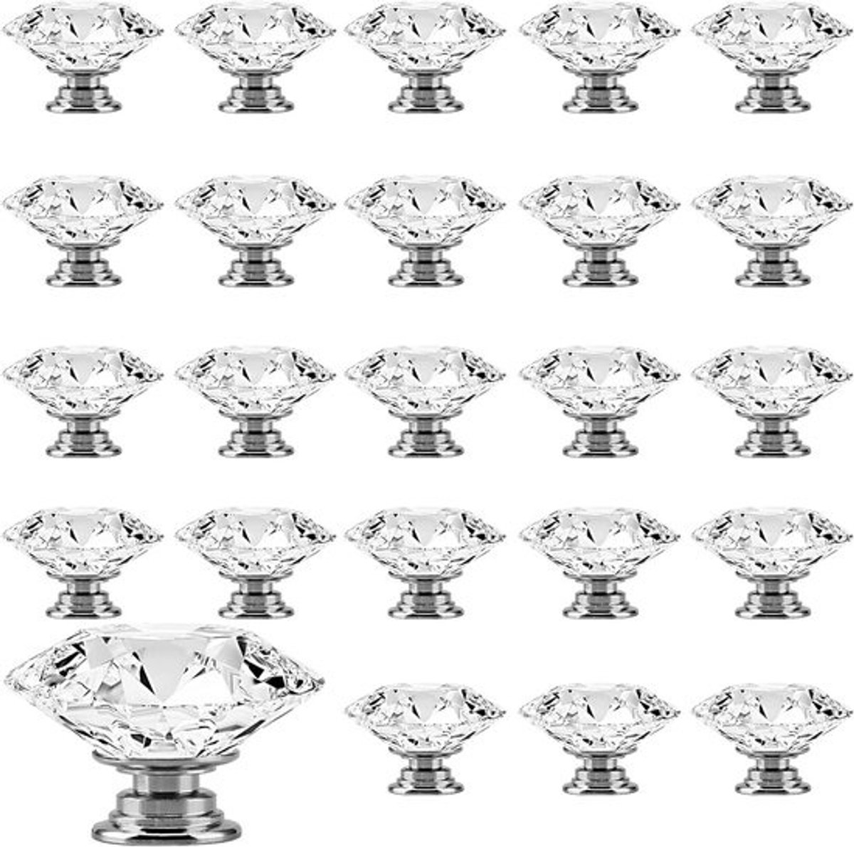 Set van 24 heldere kristallen deurknoppen van 40 mm, glazen ladeknoppen met schroeven voor kastdeuren, keukenkasten en meubels