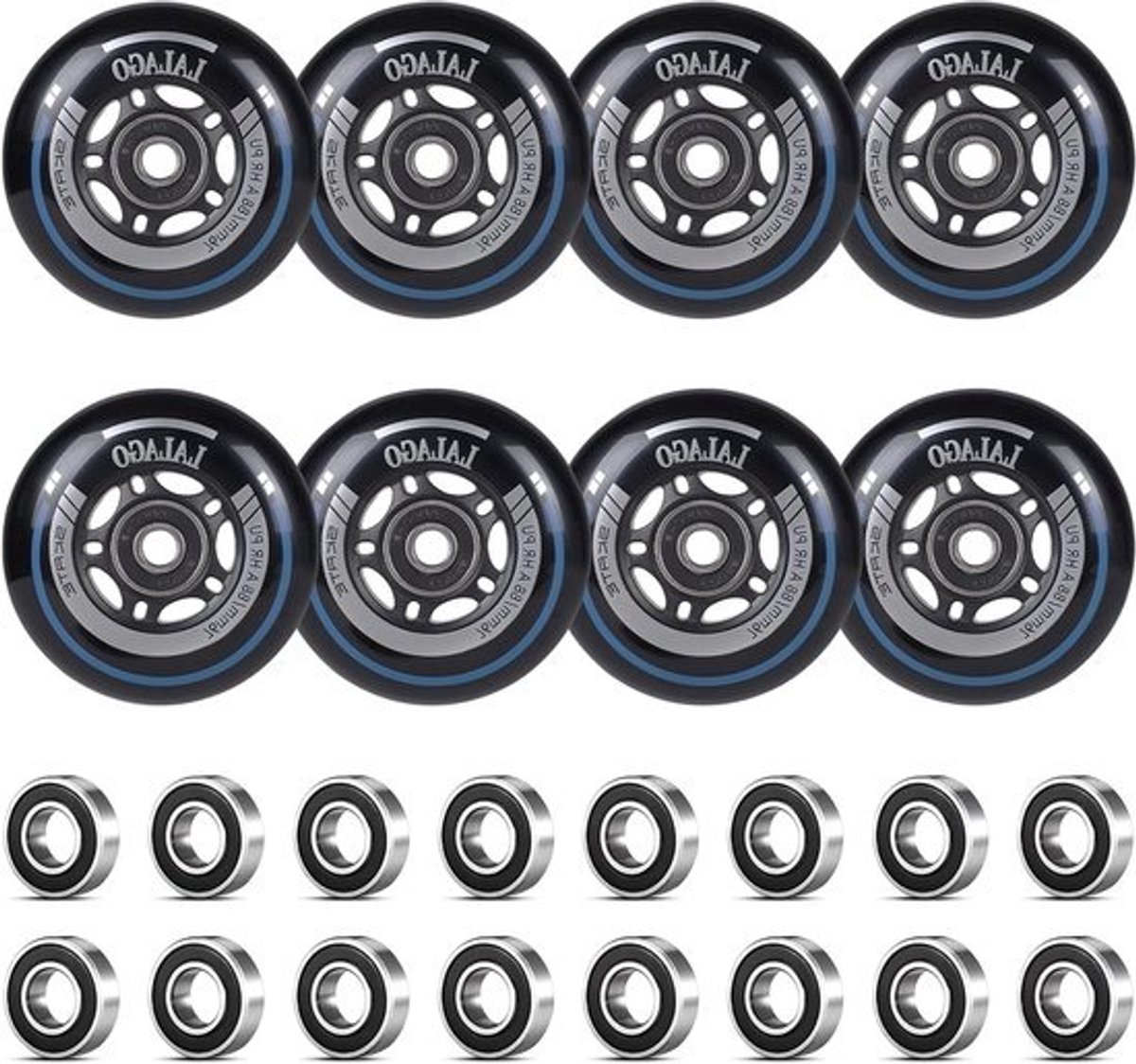 Set van 8 inline skatewielen 76 mm 88A met ABEC 9-lagers voor binnen- en buitengebruik, geschikt voor K2, Hudora en meer