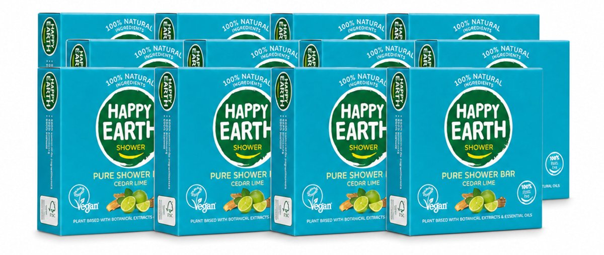 12 x Happy Earth – Shower Bar – 100% Natuurlijk Cedar Lime – 90 g - Voordeelverpakking - 12 stuks