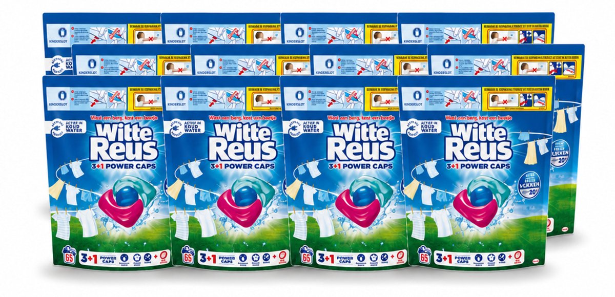12 x Witte Reus - 3+1 Power Caps - Witte Was - 65 Wasbeurten - Voordeelverpakking - 12 stuks