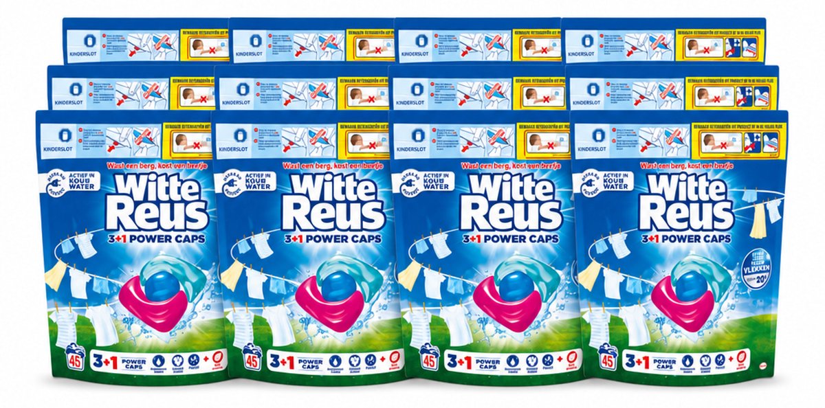 12 x Witte Reus - 3+1 Power Caps - Witte Was - 45 Wasbeurten - Voordeelverpakking - 12 stuks