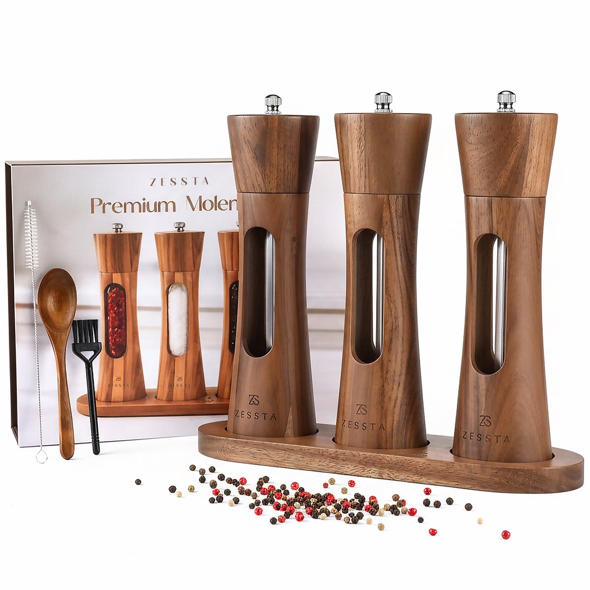 Zessta® Peper en Zoutmolen Set - 3 Stuks - 19 cm - Acacia Hout - Instelbare Maalgraad
