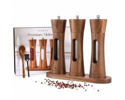 Zessta® Peper en Zoutmolen Set - 3 Stuks - 19 cm - Acacia Hout - Instelbare Maalgraad