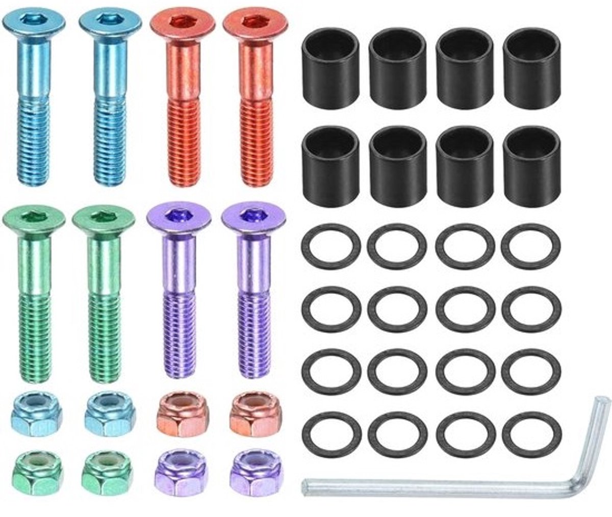 Skateboard Hardware Set met 8 Stuks, Inclusief Schroeven, Moeren, Washers en Inbussleutel voor Skateboard en Longboard Accessoires