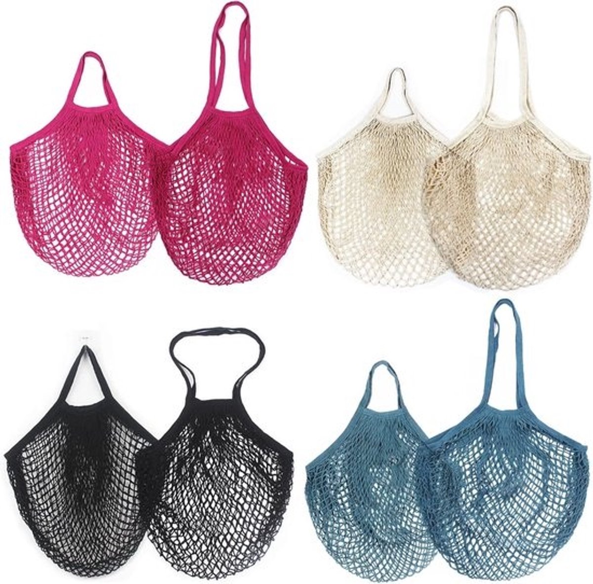 Set van 8 kleurige katoenen netzakken 35 x 40 cm - met handvat van 55 cm, herbruikbaar, beige, wit, roze, zwart en grijs
