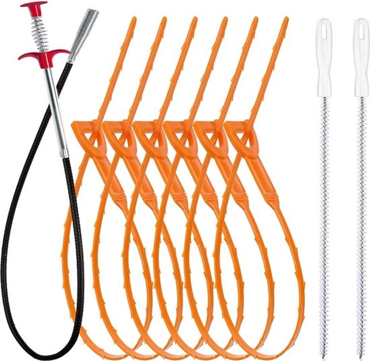 9 Stuks Gootsteen Ontstopper Set - Rioolveer & Grijper - 90cm & 60cm - Badkamer & Keuken - Inclusief Reinigingsborstels