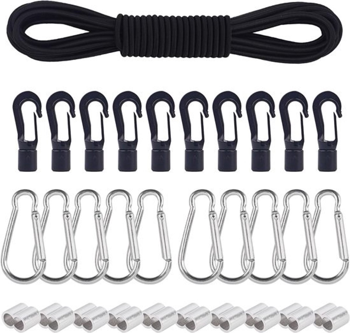 Zwarte Elastische Touw 6 mm x 10 m met 10 Aluminium Karabiners en 10 Plastic Haken voor Zeilen, Tenten en Auto's