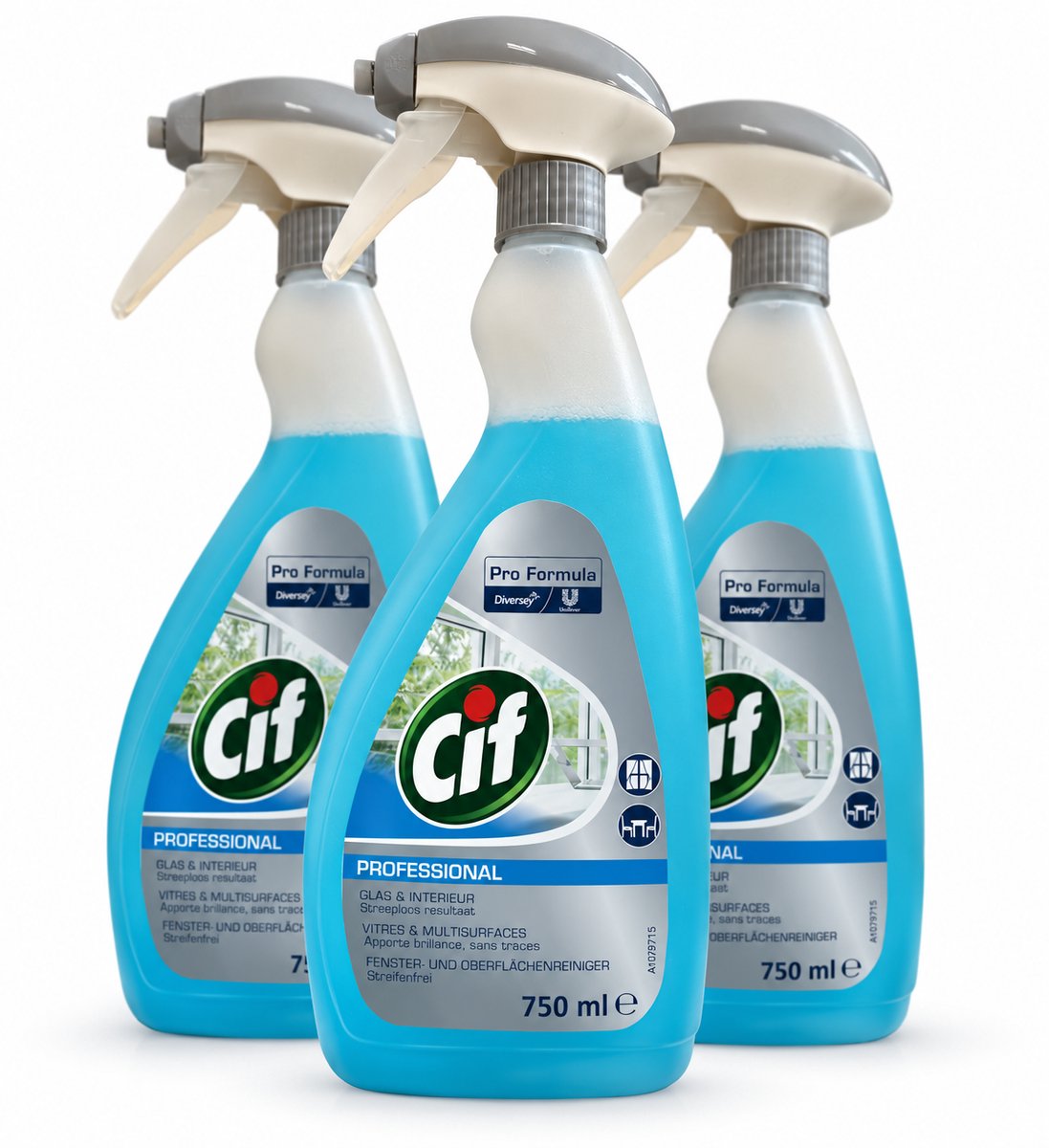 Cif Professional Glas & Interieur Reiniger – Glasreiniger & Multisurface Spray – Streeploos – 3 x 750 ml