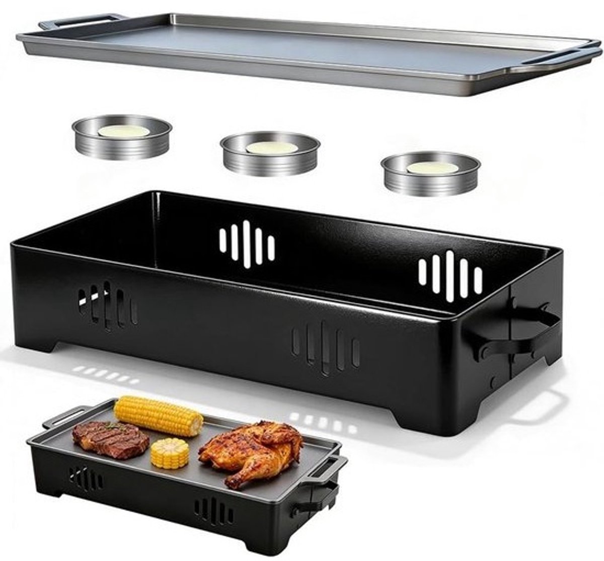 Warmhoudplaat - Eten warmhouder - Barbecuegerechten - Hittebestendig aluminium - 36 x 18 cm - Zwart