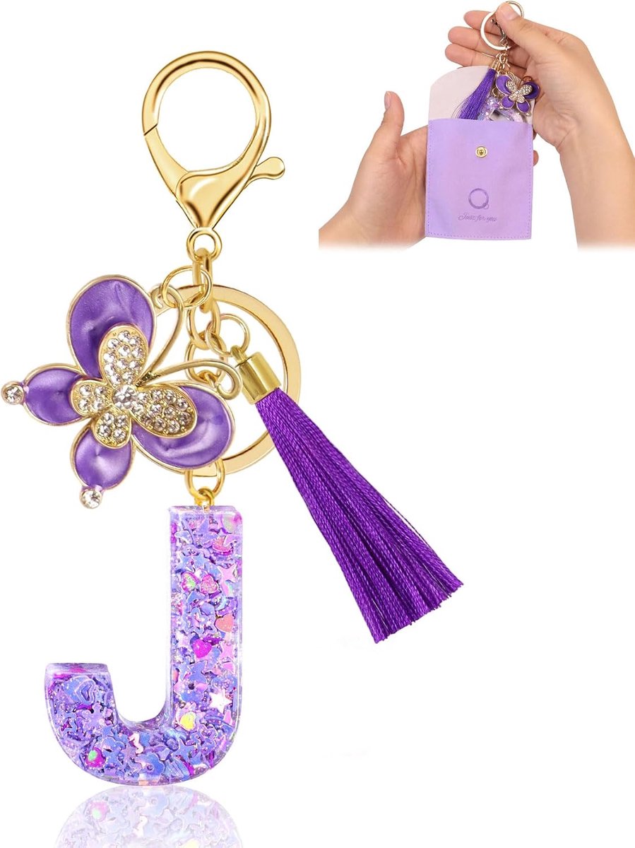 Dames, initiaal sleutelhanger voor meisjes, met letters, cadeau om te personaliseren met vlinder voor vrienden, voor rugzak, schooltas, paars