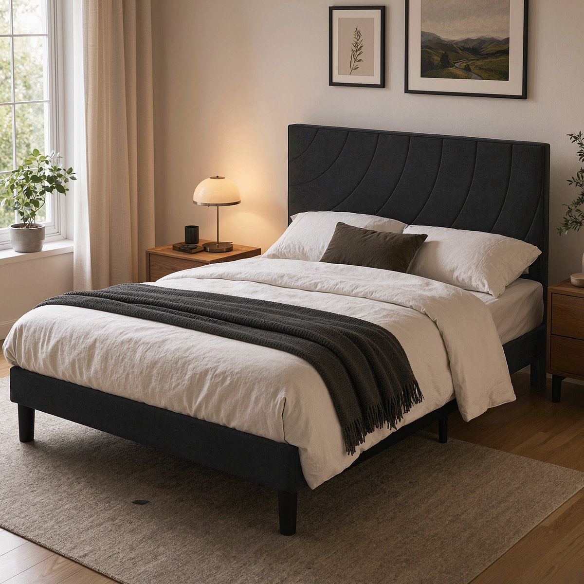 KUTAS 2 Persoons Bed 140 x 190 cm - Gestoffeerd Bedframe - Verstelbaar Hoofdbord - Lattenbodem - Antislip Bedpoten - Zwart