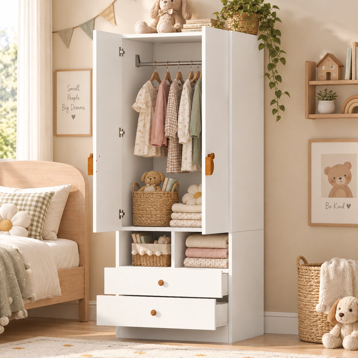 Welltin Kledingkast - Kledingkast Opbergo - Kledingkasten Slaapkamer - Garderobekast - Opbergkast - Met opbergvak - Met Hanggedeelte - Met twee lades - 170x70x50 cm - Dubbele deur design - Wit