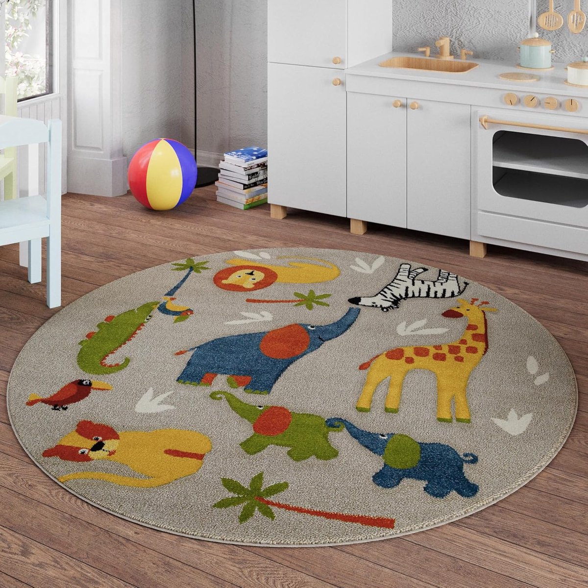 Kids Geweven kindertapijt, ontdek de kleurrijke safari met krokodillen, olifanten, giraffen en zebra's – Benny & Friends (120 cm rond, zand beige gemêleerd)