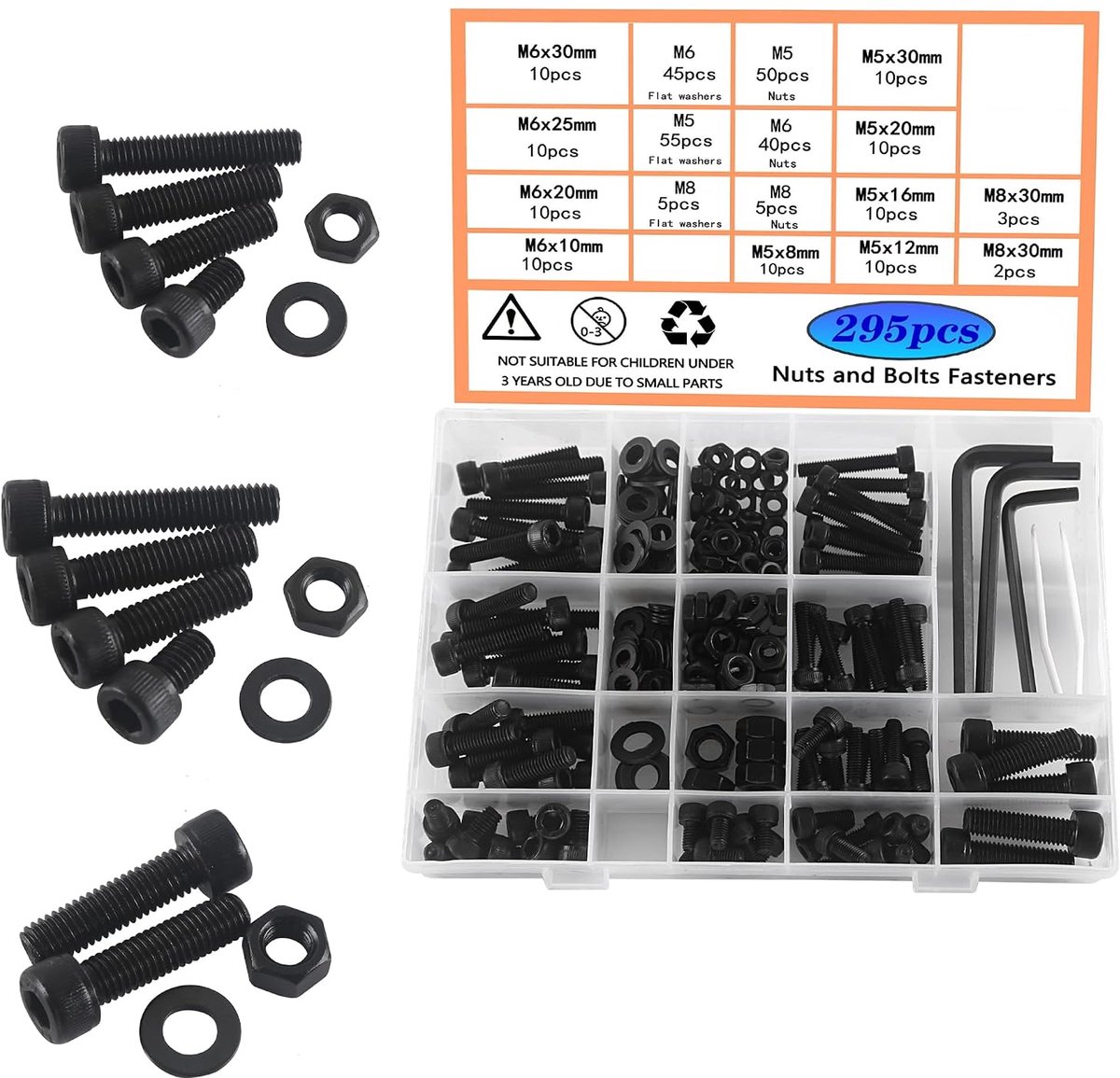 M6 M8 Schroeven en moeren set koolstofstaal schroeven moeren en sluitringen assortiment kit zwart binnenzeskant schroeven machineschroeven met opbergdoos 295 stuks